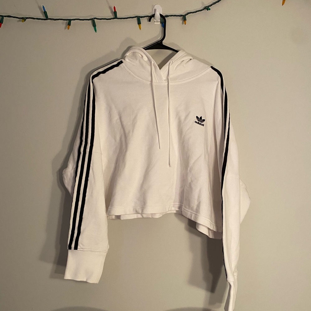 Adidas White Cropped Hoodie with Black Logo